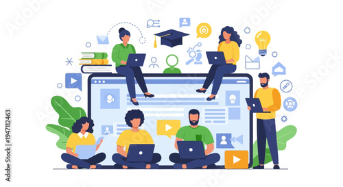 E-Learning Platform and Digital Education Concept. Diverse student group uses laptops for online course, remote training, and distance collaboration.