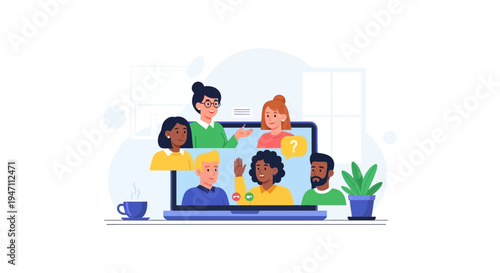 Online Video Conference Call: Diverse Business Team Meeting on Laptop Screen. Remote Work and Virtual Collaboration Vector Illustration.