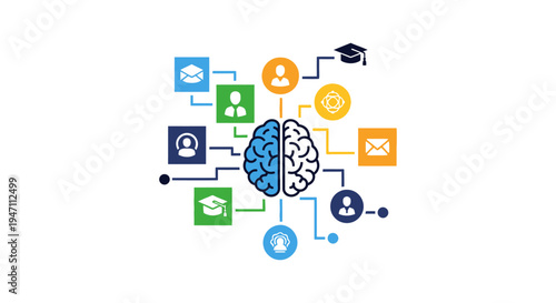 Brain Network Diagram: Cognitive Learning Process, Information Flow, and Knowledge Connection. Vector Graphic of Mind and Data Mapping.
