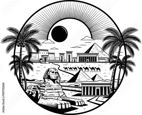 Ancient Egypt landscape with Great Sphinx of Giza, pyramids, palm trees, sun rays, camel caravan, and historic desert temples in vector.