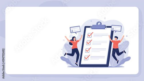 Two energetic people jumping in excitement next to a giant clipboard containing a completed checklist with red tick marks on a blue back.