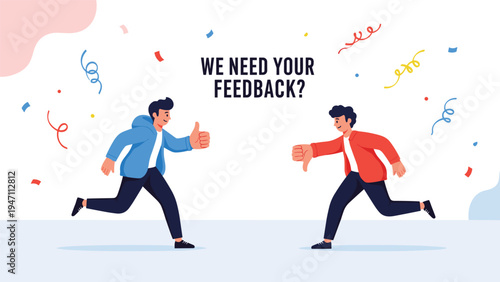 Two young men running in opposite directions while holding thumbs up and thumbs down symbols to represent the concept of user feedback.