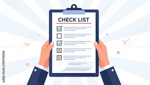 Close up of business hands in suits holding a clipboard with a check list showing green ticks and red crosses against a sunburst effect.