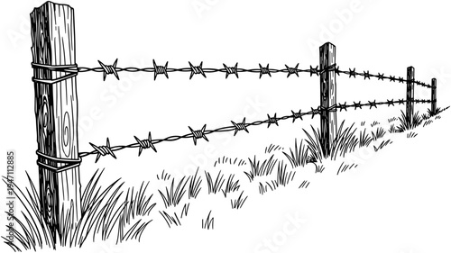 Vintage hand drawn barbed wire fence with wooden posts vector illustration for farm security border control and rural countryside landscape design.