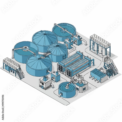 Industrial water treatment plant with tanks and purification systems.