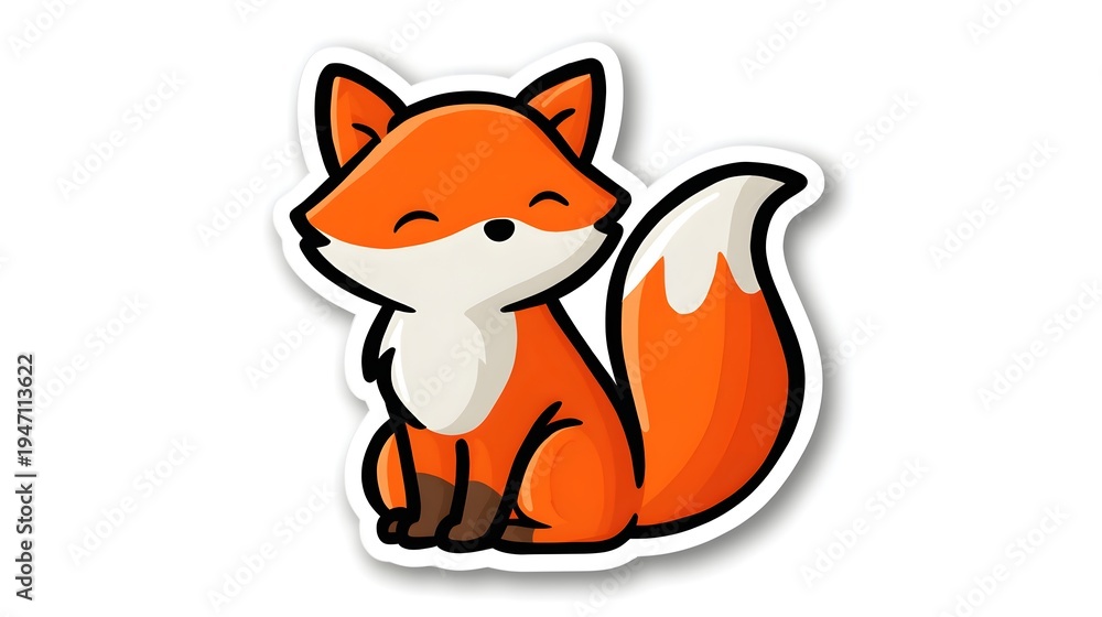 Fototapeta premium Cute Cartoon Fox Sitting with Fluffy Tail and Happy Expression.
