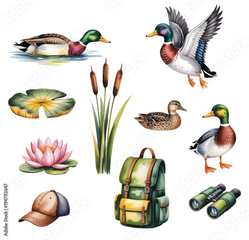Wildlife observation set with ducks, lotus, cattails and outdoor gear. Peaceful pond life elements in classic handcrafted watercolor composition.
