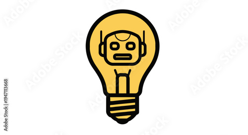 A worried robot character illustration inside a yellow light bulb with a shocked expression on its face in a simple style.