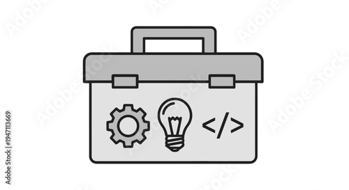 An illustration depicts a briefcase containing a gear, light bulb, and code symbols, representing business and technology.