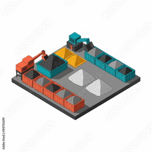 Isometric Industrial Mining and Processing Plant with Excavator and Conveyor Belt.