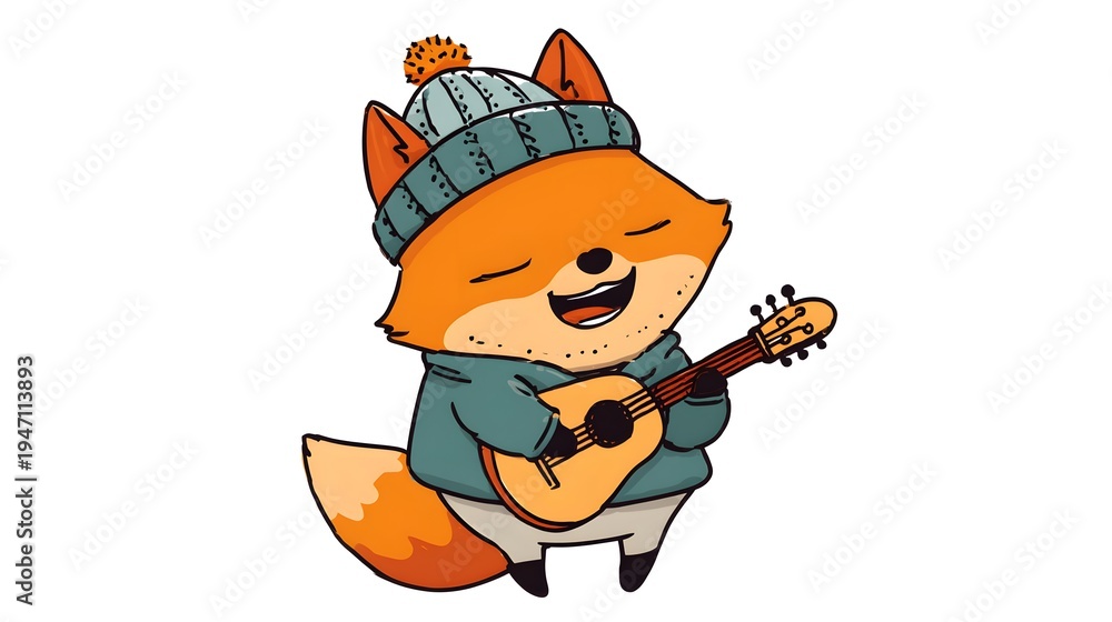 Obraz premium Cute cartoon fox playing guitar and singing happily in winter clothes.