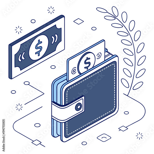 Isometric wallet and dollar bill, illustrating financial transactions and wealth management