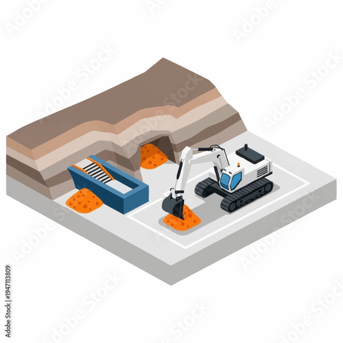 Isometric view of an excavator and a sorting machine at a mining site.