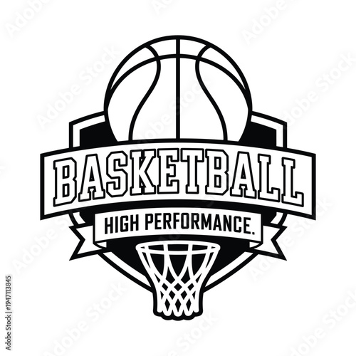 Stylized basketball logo featuring a basketball hoop and the words basketball high performance