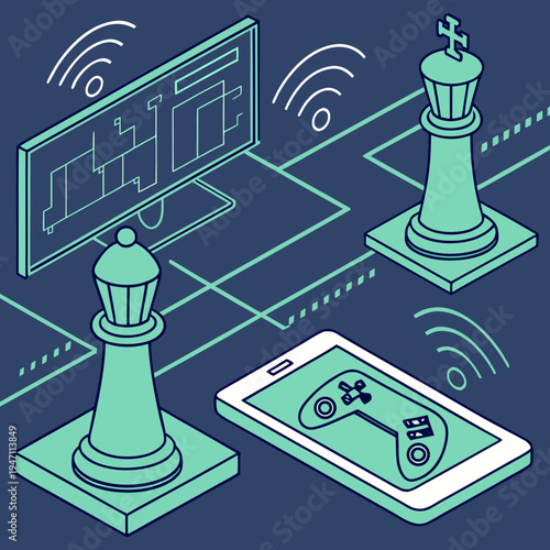 Strategic online gaming with chess pieces, phones, and screens, symbolizing digital entertainment, user interface, board game