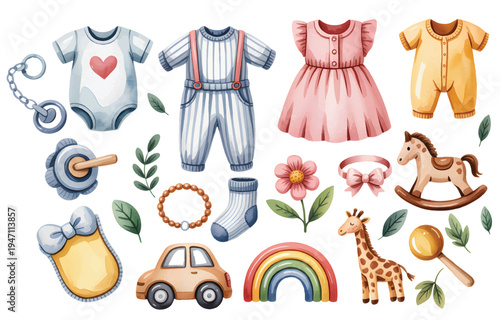 Cute baby essentials and nursery toys collection in soft hand painted watercolor style.