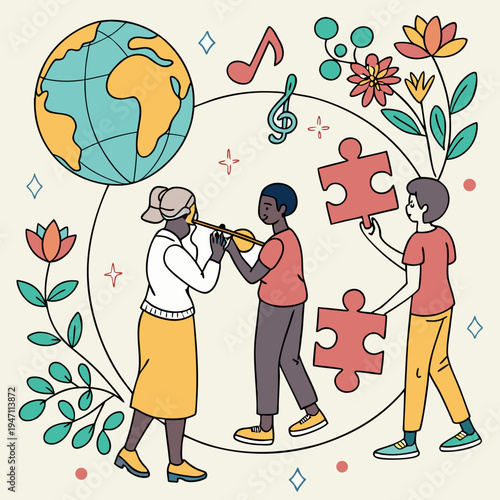 Diverse group of people playing music, connecting with the globe and building together with puzzle pieces, symbolizing unity, global cooperation, and creativity