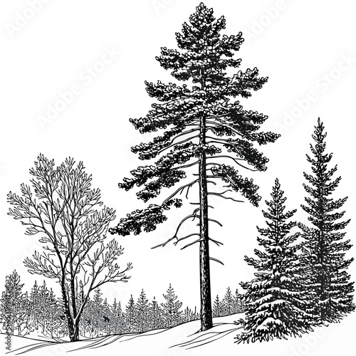 A group of pine trees in a snowy forest
