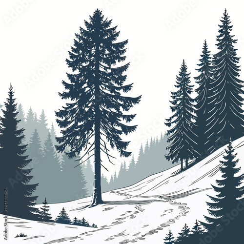 A snowy forest with tall pine trees on a hillside