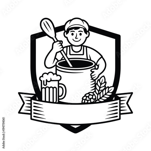 Stylized brewer character inside shield with beer mug hops and banner for text