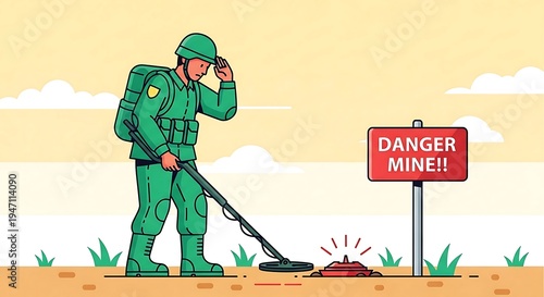 A soldier detects a landmine with a metal detector in a field