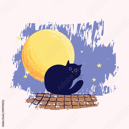 Cute cat siting, gazing at moon vector illustration. Stars twinkle softly against textured blue night sky. Adorable cat isolated on background.