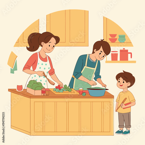 Parents and son cooking in kitchen, family preparing food together, learning culinary skills, family time, domestic scene, food preparation, domestic life, flat illustration