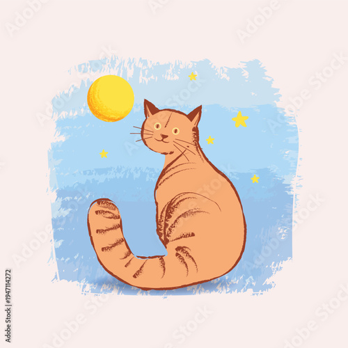 Cute cat siting, gazing at moon vector illustration. Stars twinkle softly against textured blue night sky. Adorable cat isolated on background.