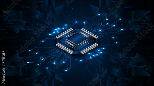 Microchip processor circuit board technology on dark blue background. Information Processing Concept. Circuit board hi-tech technology background. vector illustration