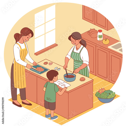 Family cooking in kitchen, mother and daughter preparing ingredients, man overseeing recipe, food preparation, domestic scene, domestic life, flat illustration
