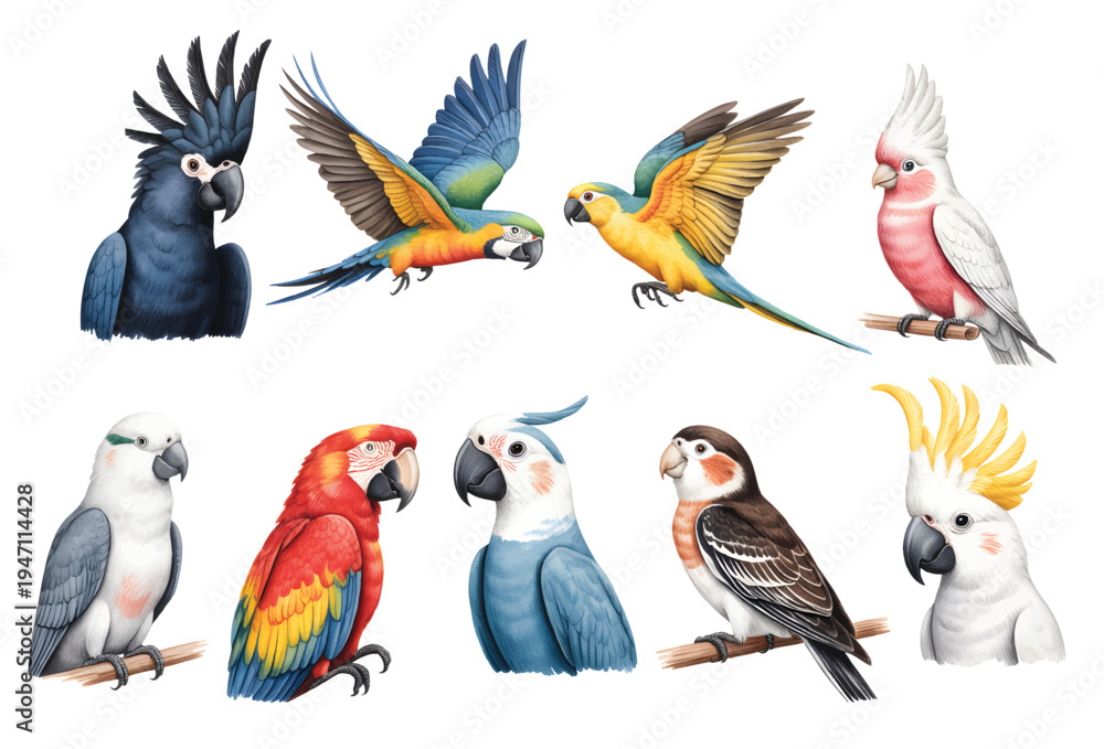 Fototapeta premium Vibrant jungle parrot birds illustrated in classic handcrafted watercolor composition.