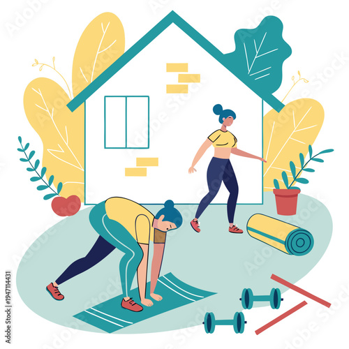 Home fitness scene: women doing exercises indoors with yoga mat and dumbbells - flat illustration style with women exercising with indoor workout with active lifestyle