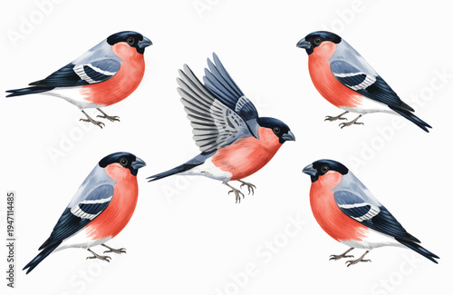 Beautiful garden bullfinch birds illustrated in classic watercolor composition.