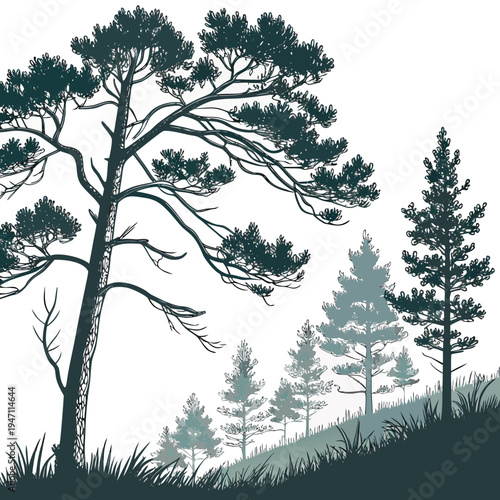A group of pine trees on a hillside
