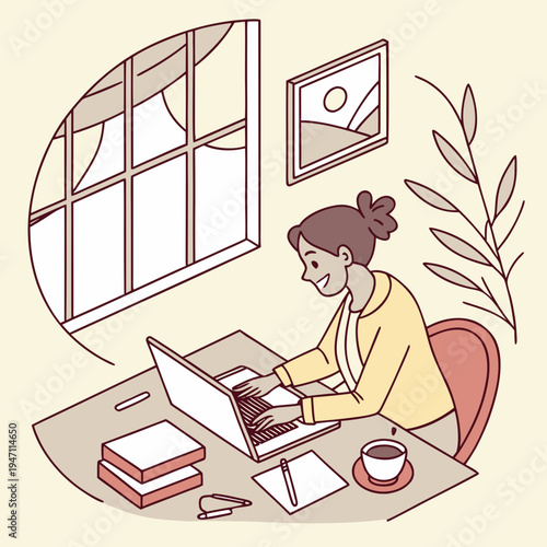 Content woman working from home on laptop by window, enjoying flexible remote work environment and comfort, laptop computer, home office, flexible schedule, comfortable workspace