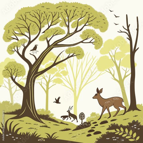 Enchanting forest scene with deer, fawn, and birds amidst lush trees, depicting serene wildlife and natural harmony, deer animal, fawn young, birds flying, natural habitat