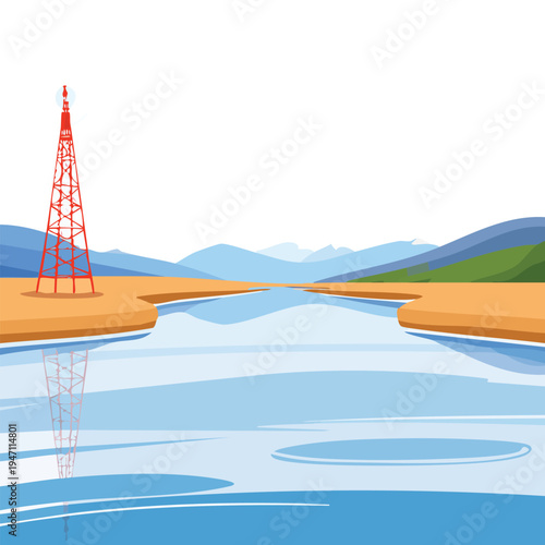 Cartoon illustration of a communications tower near a river and mountains