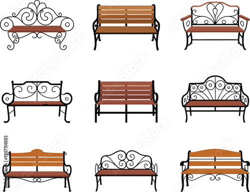 Vintage Park Bench Vector Set with Ornamental Wrought Iron and Wooden Slat Designs