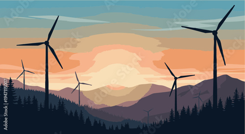 Wind Turbines Mountains Sunset Landscape