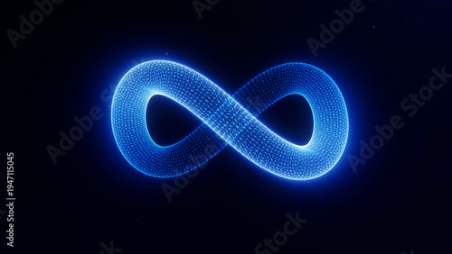 Glowing wireframe infinity symbol on dark background. Blue futuristic loop sign with digital mesh, luminous geometry and abstract technology style.