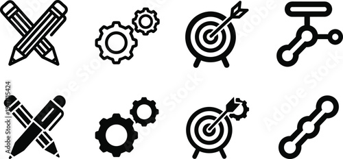 A collection of black and white icons featuring various symbols and tools for business and design