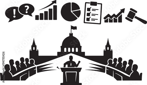 Parliament silhouette debating policy charts