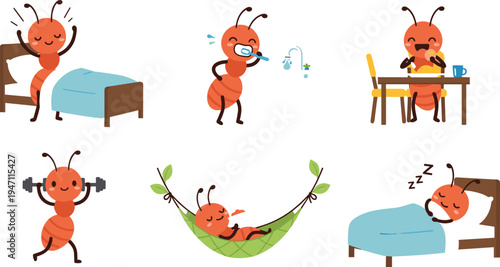Cute ant cartoon character daily routine set with sleeping brushing teeth eating exercising relaxing lifestyle insect mascot illustration
