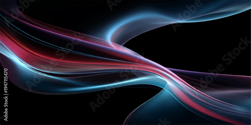 This abstract smoke background features a flowing blue wave design with rainbow light curves and fractal line patterns on a black backdrop, creating a motion texture effect of artistic energy