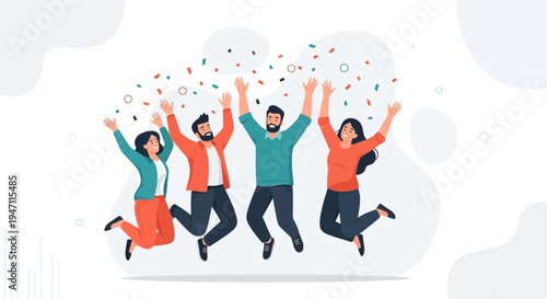 Happy People Jumping with Confetti, Celebrating Success, Teamwork, Joyful Moment