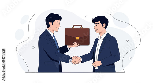 Two businessmen shaking hands and exchanging a briefcase, business deal concept