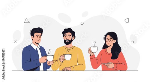 Friends enjoying coffee break, illustration of people chatting and drinking hot beverages