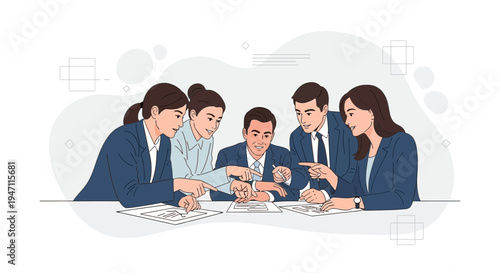 Diverse business team collaborating around a table, discussing documents and planning strategy.