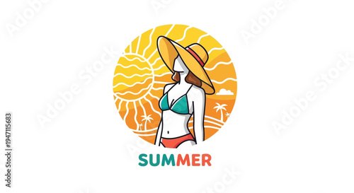Happy woman in a stylish sun hat and bikini, enjoying the summer sun in a vibrant circular graphic with 'SUMMER' text.
