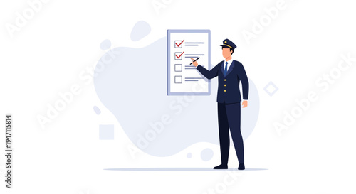 Man in uniform points to checklist on board, task completion concept